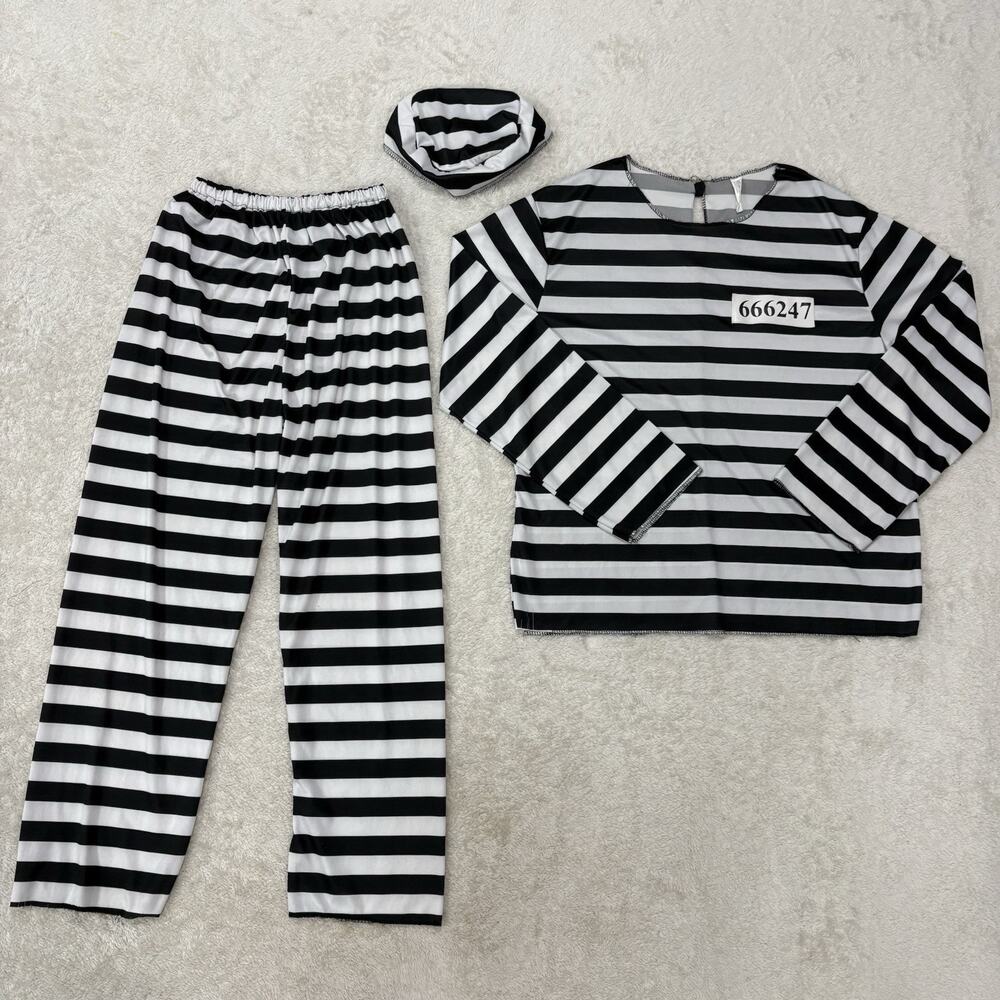 Amscan Mens M/L Jailbird Prisoner Costume Black White Striped 3 Piece Halloween